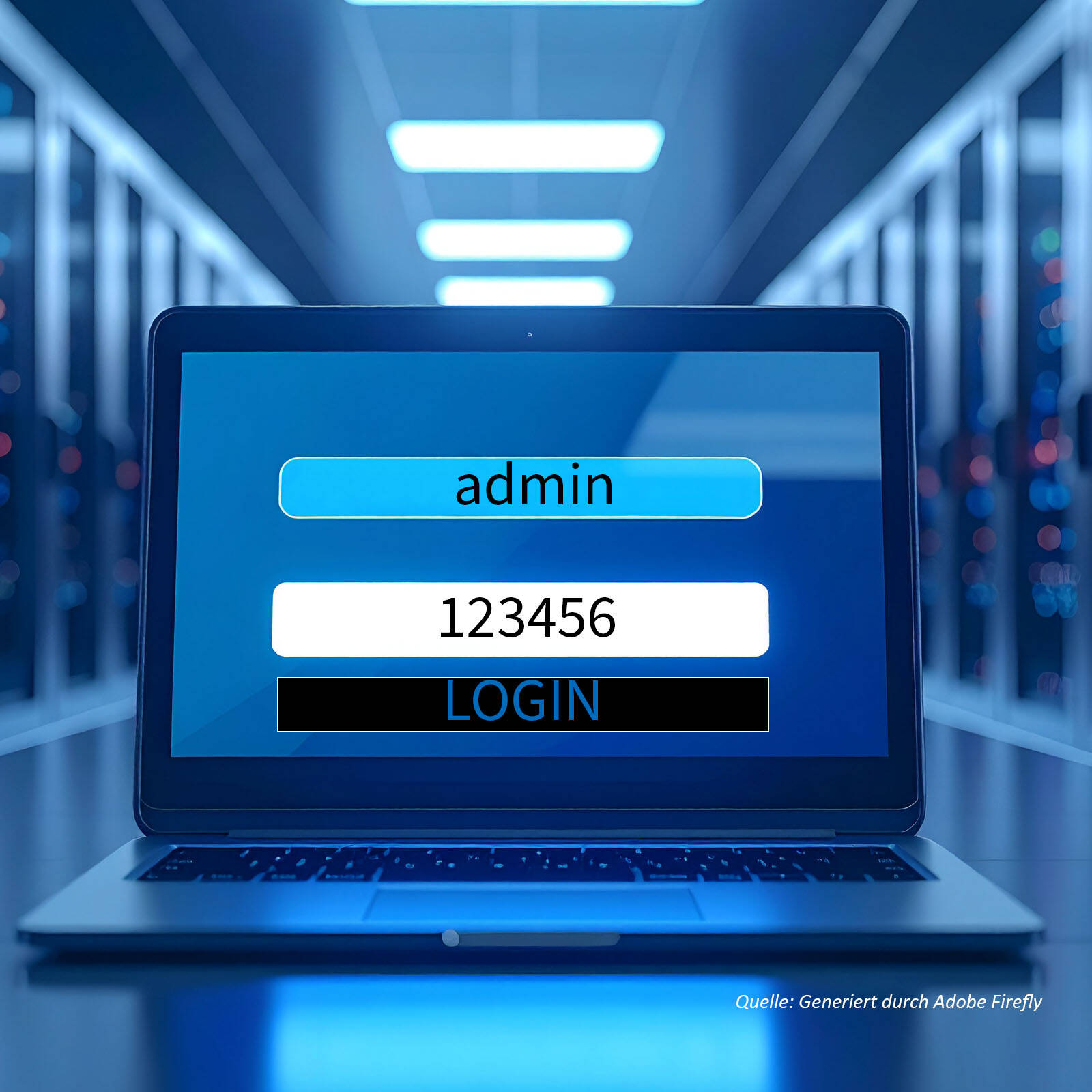 Ein Laptop mit Login-Maske Anmeldename admin Passwort 123456 steht in einem Rechenzentrum.